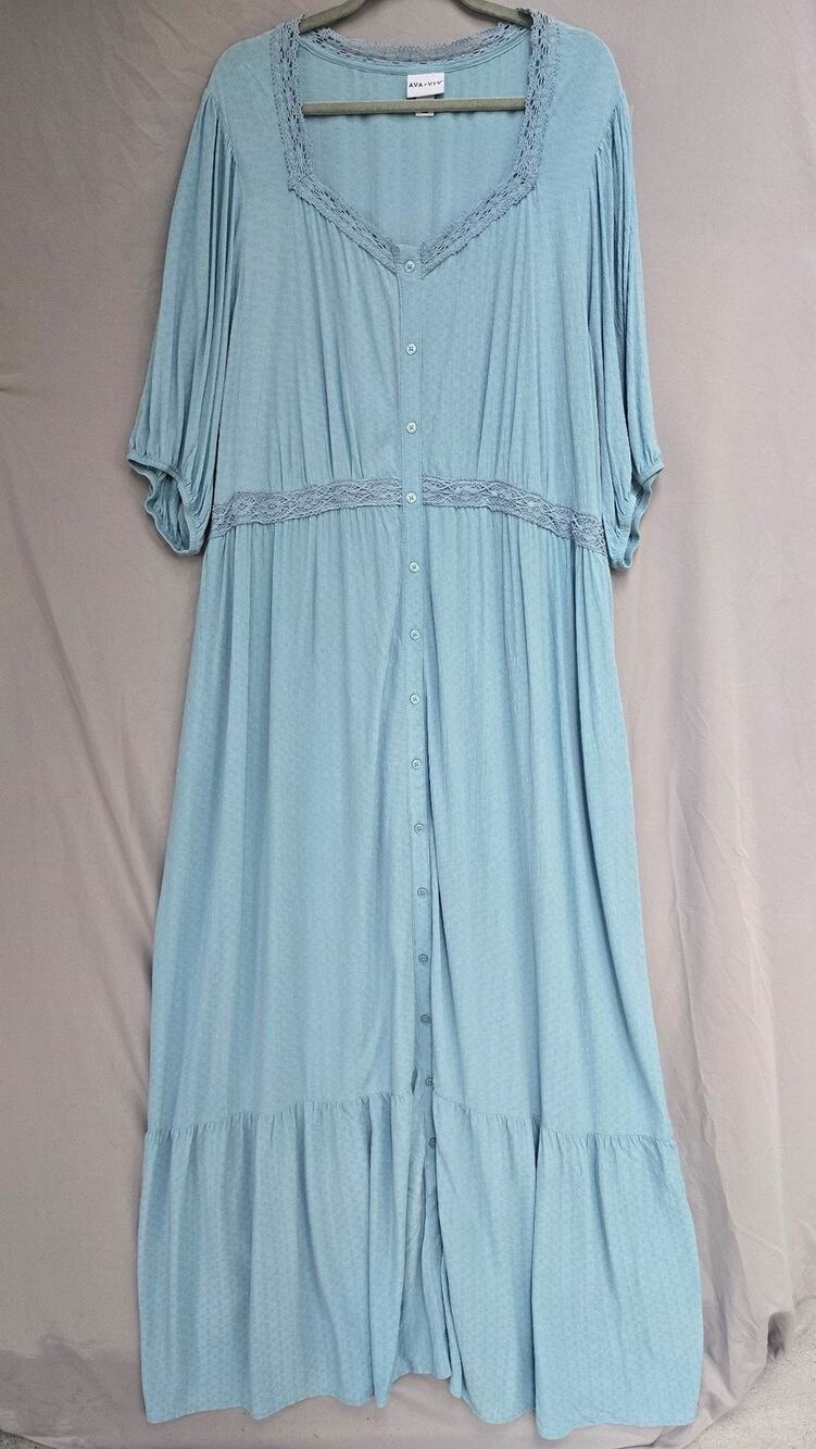 Ava & Viv Dress Womens 2X Blue V Neck Button Crochet Empire Maxi 3/4 Sleeve Boho